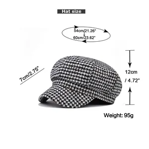Size chart for black and white houndstooth newsboy hat with head circumference 54-60cm