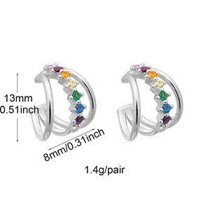 Close-up of silver rainbow ear cuff with colorful cubic zirconia and size dimensions