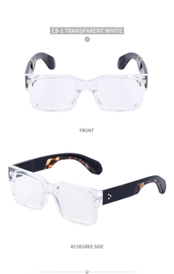 Detailed view of square frame glasses in transparent white with tortoiseshell temples