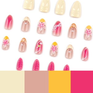 Pink gradient almond press-on nails with 3D floral accents and pearl decorations