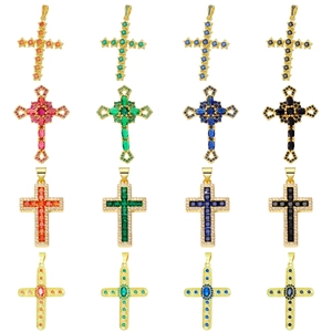 16 colorful copper zircon cross pendants in gold plating with a 4x4 grid layout display