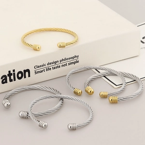 Fashion minimalist gold and silver stainless steel cable wire open cuff bracelets set