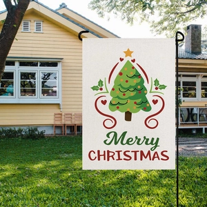 Outdoor Christmas garden flag with red plaid trees on linen fabric in yard