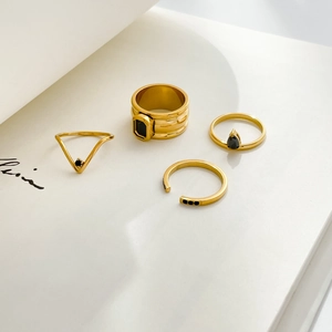 Minimalist Titanium Steel Rings Geometric Black Zircon Inlaid Wide Open Pointed Adjustable Fashion Jewelry For Women