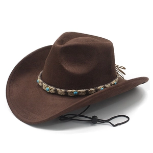 Classic dark brown suede western cowboy hat with turquoise beads and chin strap