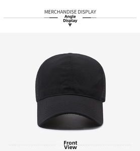 Front view of black quick-dry baseball cap with curved brim and six-panel construction