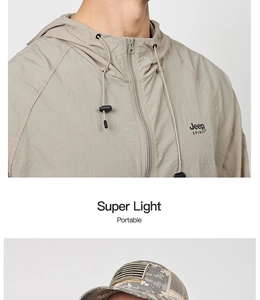 Detail of super light portable khaki jacket zipper and digital camouflage tactical cap