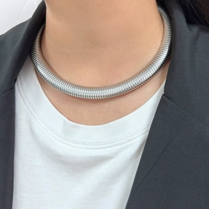 Minimalist silver snakeskin pattern choker necklace in premium polished stainless steel