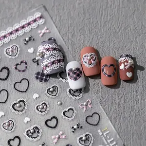 Autocollants 3D pour ongles avec dentelle, carreaux et perles sur ongles roses