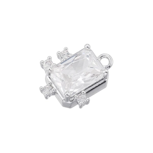 Detailed view of silver rectangular charm with large clear cubic zirconia and top loop