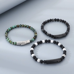 Detailed trio of tiger eye and lava stone bracelets with magnetic steel clasps