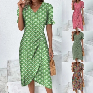 Women's V-neck geometric print midi dress with puff sleeves shown in multi-color options
