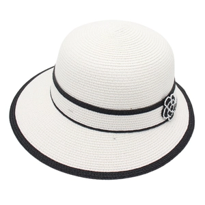Women Straw Hat Sun Protection Camellia Flower Contrast Color Elegant Beach Travel Cloche Cap For Summer