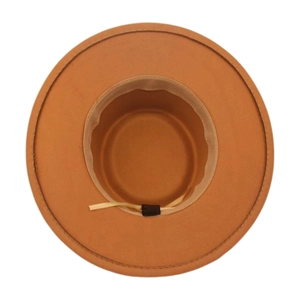 Detail showing inner sweatband and adjustable drawstring of this camel wool felt fedora hat