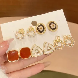 Vintage Stud Earrings Alloy Geometric Triangle Flower Ribbon With Silver Earring Post French Retro Style Elegant Women