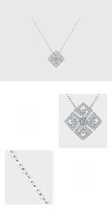 Macro detail of S925 sterling silver flower necklace with hand-set cubic zirconia stones