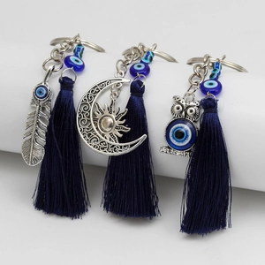 Evil Eye Keychain With Blue Tassel Alloy Hamsa Hand Owl Cross Feather Charms Bohemian Ethnic Bag Hanging Ornament