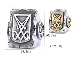 Detail of Sigil of Lucifer ring in steel and gold finish showing dimensions and weight