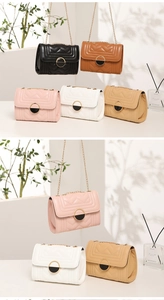 Detail of five V-quilted chain crossbody bags in black, pink, white, brown and khaki