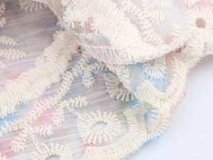 Macro shot of floral embroidery on off-white sheer fabric with subtle gradient colors