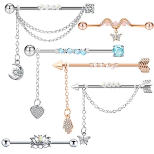 Stainless Steel Industrial Barbell Piercing Long Bar With Chain Heart Butterfly Pendants Zirconia Beads Body Jewelry