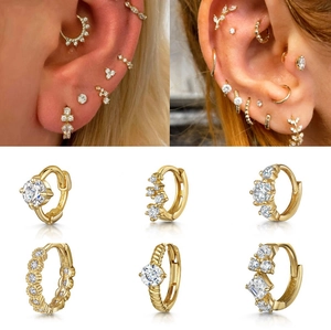 Copper Huggie Hoop Earrings Cubic Zirconia Geometric Inlaid Minimalist Dainty Piercing Jewelry Women