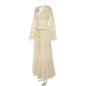 Detail showing sheer beige lace two-piece set with layered skirt on studio mannequin