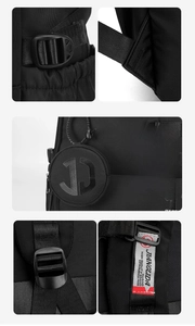 Detail view of durable black nylon backpack with reinforced straps and circular coin pouch