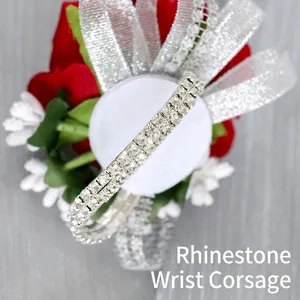 Three-row rhinestone wrist bracelet on a velvet rose wedding corsage flower