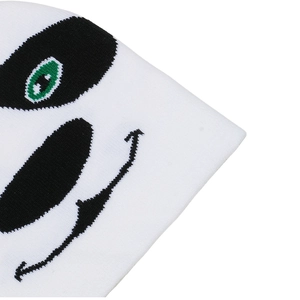 Close-up of cute panda face knit pattern on a white winter beanie with detailed embroidery