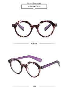 Detail view of purple flower tortoiseshell polygon sunglasses with side and front profiles