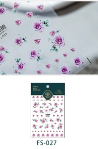 Macro detail of FS-027 purple rose nail stickers with green cardboard packaging