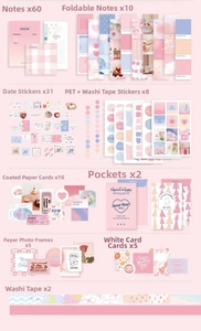 Flat lay of vintage scrapbooking set including stickers, notes, cards and washi tape