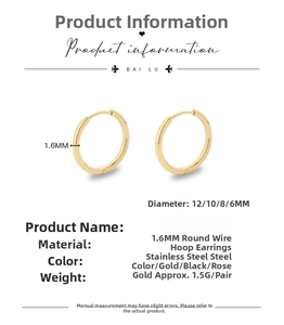 Detailed size chart for 1.6mm gold stainless steel hoop earrings in various diameters