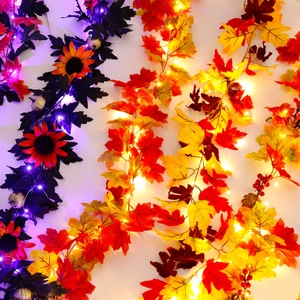 LED autumn maple leaf garland with pumpkins and sunflowers for harvest festival home decor