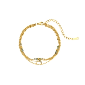 Three-layer gold stainless steel chain bracelet with green stones and moon pendant