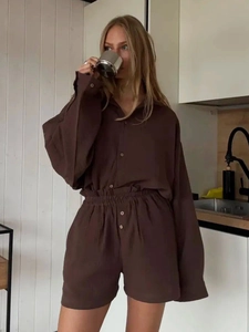 Women's 2-piece dark brown textured cotton lounge set with long sleeve shirt and shorts