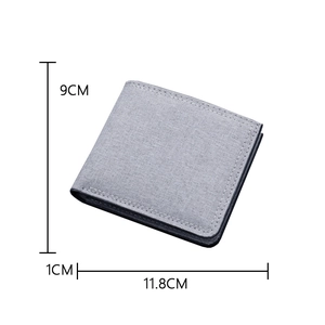 Macro shot showing 11.8cm x 9cm dimensions of slim grey canvas bi-fold men's wallet