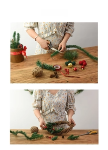 DIY Christmas garland kit with dense green needles, pine cones and red berries on a table