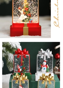 Macro detail of Christmas gift box musical snow globe with LED lights and glitter