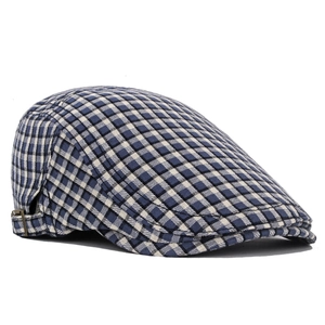 British vintage blue plaid flat cap with side buckle and breathable fabric for sun protection