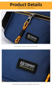 Detail of durable navy blue fabric, yellow cord zipper pull, and FS fashion woven logo
