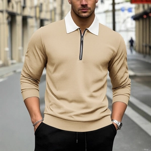 Men's khaki knit polo sweatshirt with white contrast collar and zipper closure