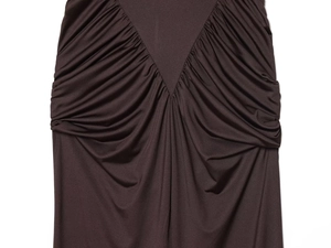 Detailed view of the dark brown ruched fabric design on this elegant midi dress