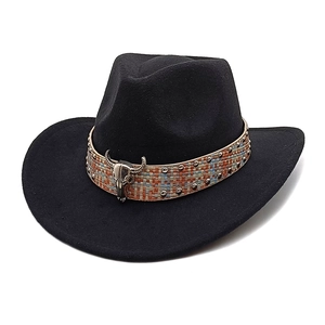 Schwarzer Western-Cowboyhut aus Wolle mit geflochtenem Band, Stierschädel und Nieten