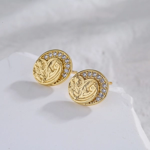 18K gold plated copper earring with micro-pave cubic zirconia and embossed geometric design