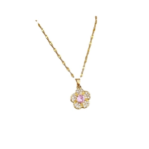 Titanium steel flower necklace with pink crystal and micro-pave zirconia on gold chain