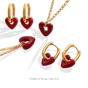 Red Heart Pendant Necklace And Hoop Earrings Titanium Steel 18K Gold Plated Elegant Korean Jewelry For Women