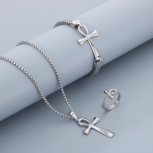 Silver stainless steel Ankh cross jewelry set including necklace, bracelet and ring