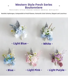 Detail of assorted silk hydrangea boutonnieres with elegant ribbon bows for weddings